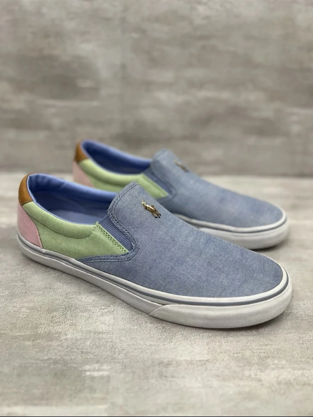 Polo Ralph Lauren Slip On Canvas Boat Shoes Men 11D Pastel Pink Blue Pink Green